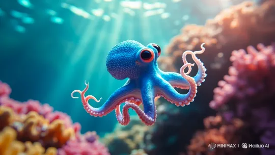Blue Octopus Glides Through Vibrant Coral Reef – AI Generated Video | Hailuo AI
