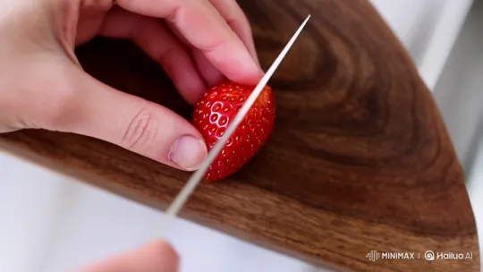 Close-up of Hand Slicing a Strawberry – AI Generated Video | Hailuo AI