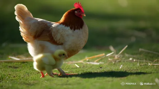 Chick Hops onto Hen's Back, Farmyard Walk – AI Generated Video | Hailuo AI