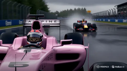 British Shorthair Cat Drives F1 Car in Rainy Race – AI Generated Video | Hailuo AI