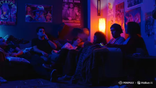 Cozy Black Light Room Social Gathering – AI Generated Video | Hailuo AI