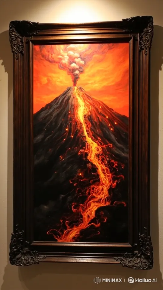 Volcano Painting Erupts with Lava in Surreal Art Destruction – AI Generated Video | Hailuo AI