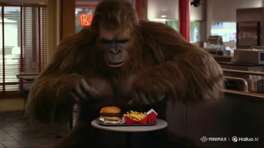 Bigfoot's Baffled Bite at Fast-Food Joint – AI Generated Video | Hailuo AI