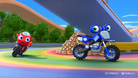 Red & Blue Motorbikes Race with Comedic Crash into Donuts – AI Generated Video | Hailuo AI