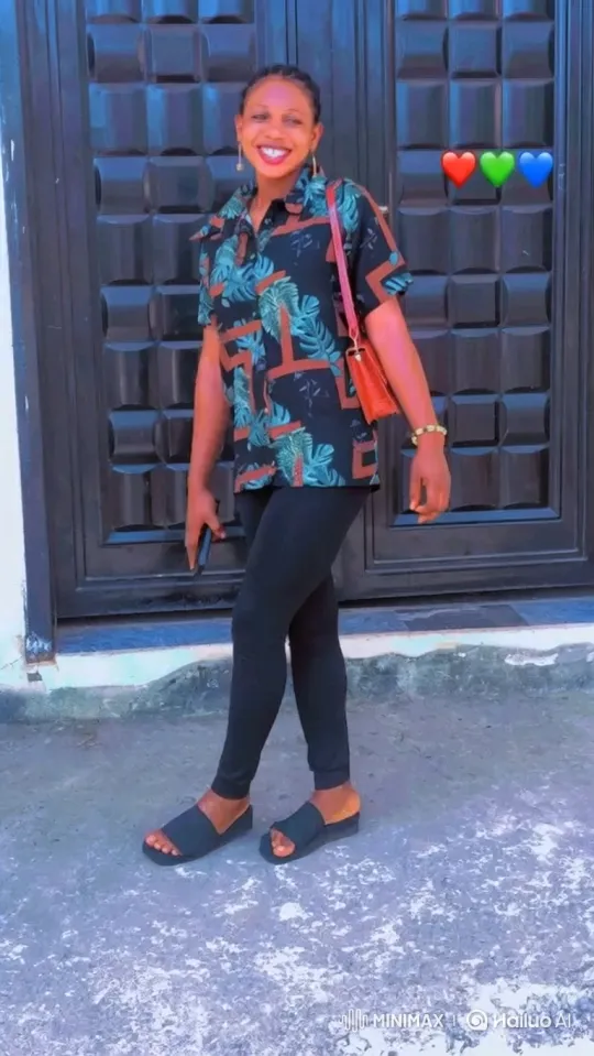 Young Woman Poses Cheerfully in Front of Door – AI Generated Video | Hailuo AI