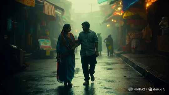 Couple Walks Through Foggy Market, Hand-in-Hand – AI Generated Video | Hailuo AI