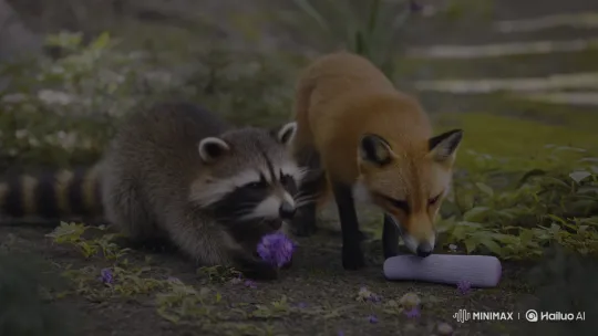 Raccoon and Fox Steal Purple Items in Garden – AI Generated Video | Hailuo AI
