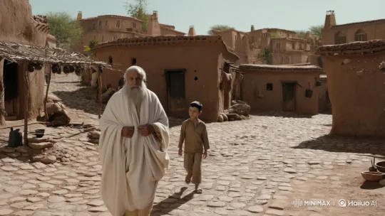 Elderly Holy Man and Curious Boy Walk Through Village – AI Generated Video | Hailuo AI