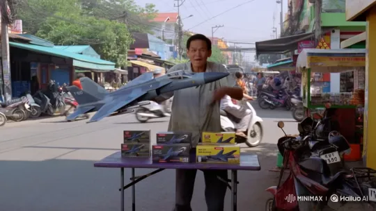 Vietnamese Street Vendor Enthusiastically Sells T-50 Model Airplanes – AI Generated Video | Hailuo AI