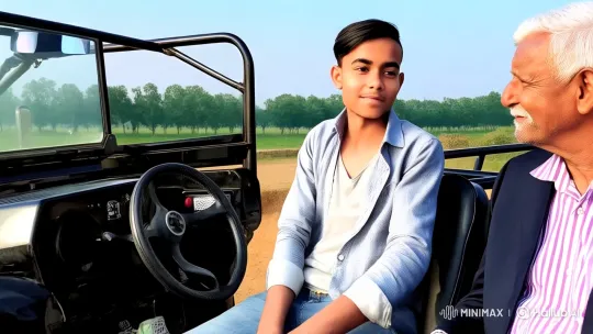 Young Man in Thar Jeep with Older Man, Excited Interaction – AI Generated Video | Hailuo AI