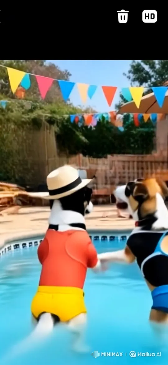 Dogs Dancing Playfully in Swimming Pool – AI Generated Video | Hailuo AI