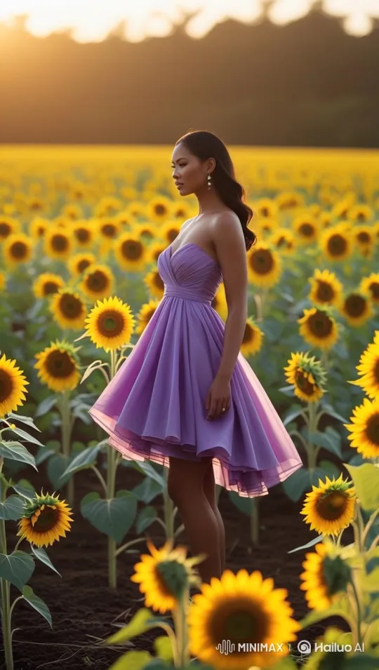 Elegant Woman in Sunflower Field at Golden Hour – AI Generated Video | Hailuo AI