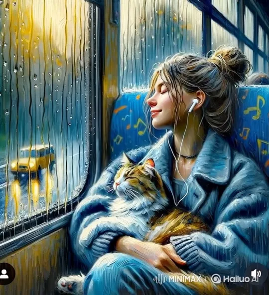 Young Woman, Cat, and Man Enjoy Peaceful Bus Ride – AI Generated Video | Hailuo AI