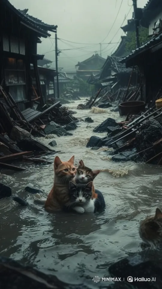 Three Cats Struggle for Survival in Flooded Village – AI Generated Video | Hailuo AI