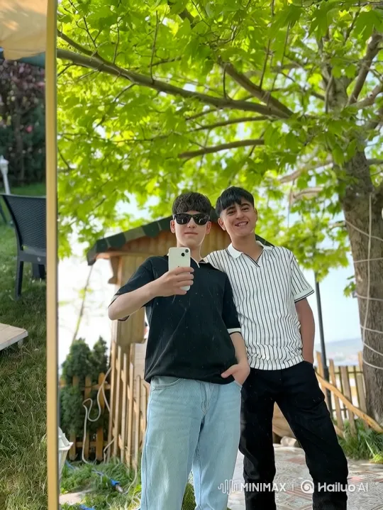 Young Men Show Off Muscles in Garden Mirror Selfie – AI Generated Video | Hailuo AI