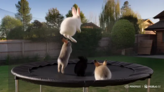 Fluffy Bunnies Joyfully Jumping on a Trampoline – AI Generated Video | Hailuo AI