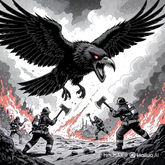 Heroic Firefighters Battle a Monstrous Crow in a Ruined Cityscape – AI Generated Video | Hailuo AI