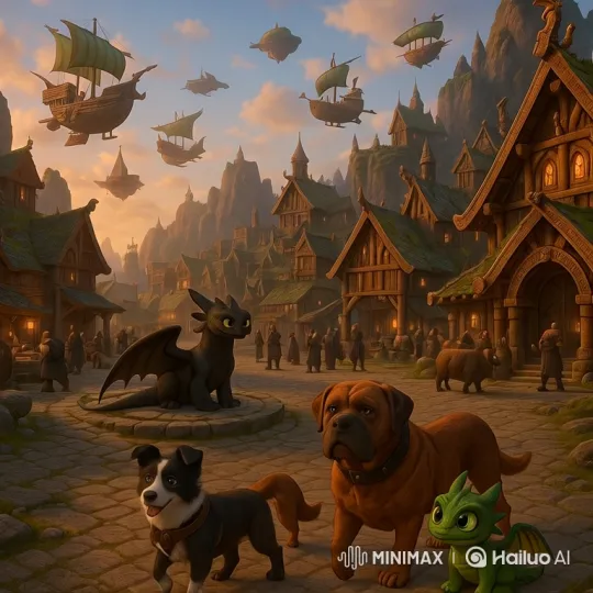 Fantasy Town Square: Peaceful Coexistence at Sunset – AI Generated Video | Hailuo AI