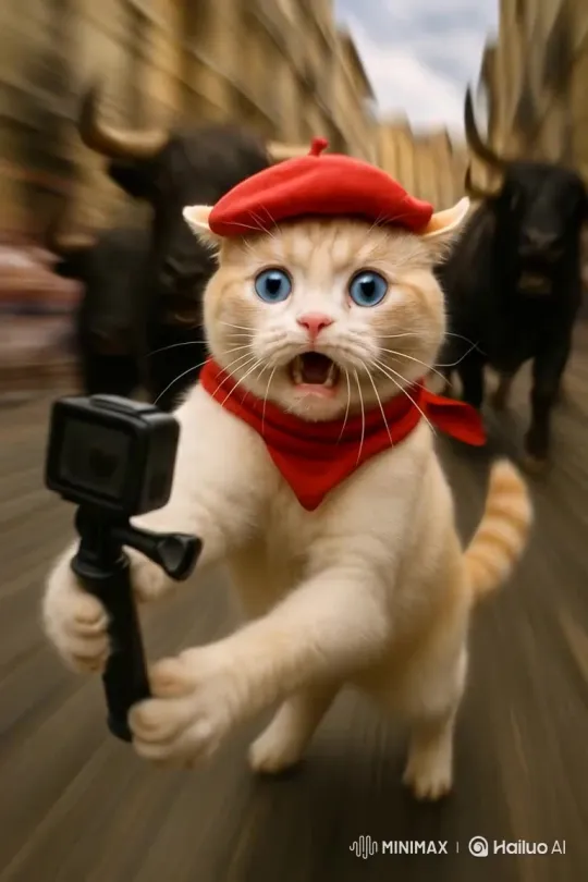 Cat in Red Scarf and Basque Beret Running Sanfermin Bull Run – AI Generated Video | Hailuo AI