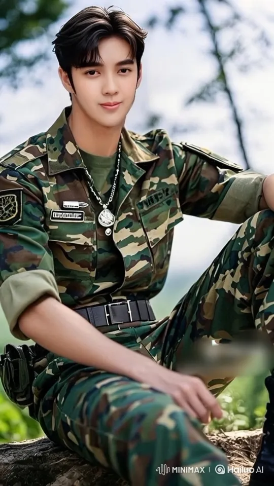 Young Man in Camouflage Uniform: Close-up Portrait – AI Generated Video | Hailuo AI