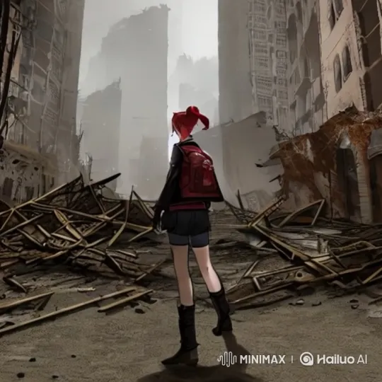 Young Woman Stands Amidst Ruins of Desolate Cityscape – AI Generated Video | Hailuo AI