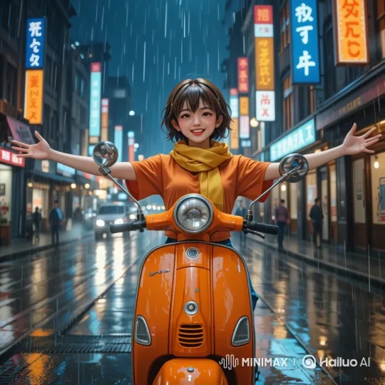 Young Woman Revels in Rain on Scooter, Prepares to Ride – AI Generated Video | Hailuo AI