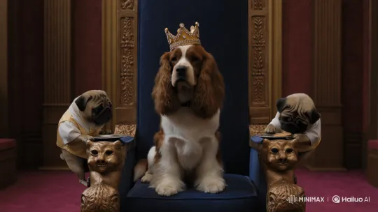 Regal King Charles Spaniel on Throne, Pug Servants – AI Generated Video | Hailuo AI