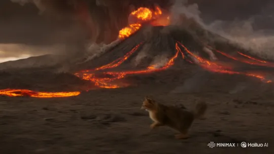 Cat Escapes Volcano, Expresses Relief at Safety – AI Generated Video | Hailuo AI