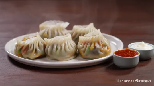 Steaming Momos with Red Chutney and Mayonnaise – AI Generated Video | Hailuo AI
