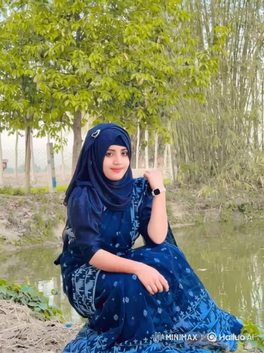 Elegant Woman in Traditional Blue Garment Strolls by Pond – AI Generated Video | Hailuo AI
