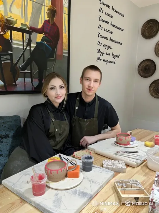 Young Couple Embraces Toddler in Cozy Pottery Studio – AI Generated Video | Hailuo AI