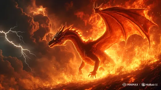 Volcanic Fire Dragon Erupts and Ascends into Stormy Skies – AI Generated Video | Hailuo AI