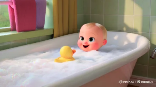 Toddler and Rubber Duck Play in Bubbly Bathroom – AI Generated Video | Hailuo AI