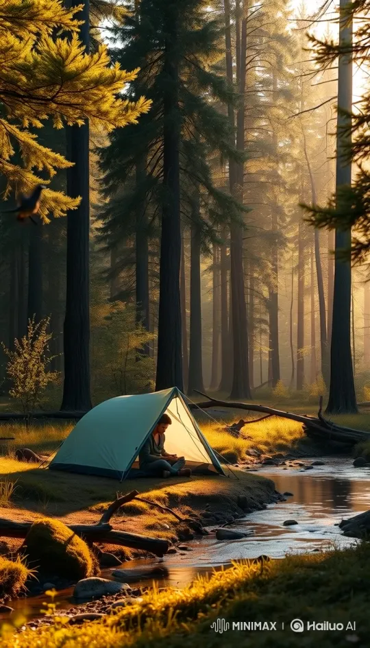 Peaceful Camping Scene in Golden Forest Clearing – AI Generated Video | Hailuo AI