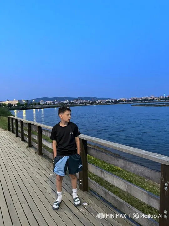 Young Boy Calmly Detained by Police on Twilight Boardwalk – AI Generated Video | Hailuo AI