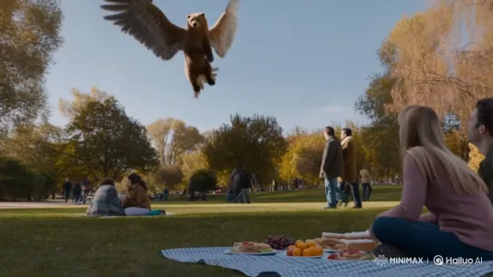 Majestic Winged Bear Steals Picnic in Urban Park – AI Generated Video | Hailuo AI