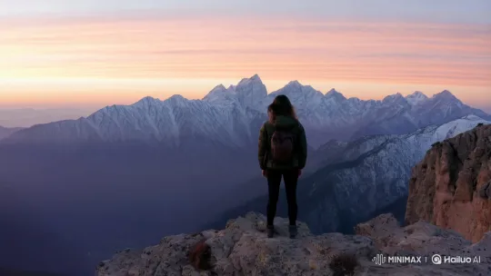 Traveler Contemplates Majestic Sunrise Over Mountains – AI Generated Video | Hailuo AI