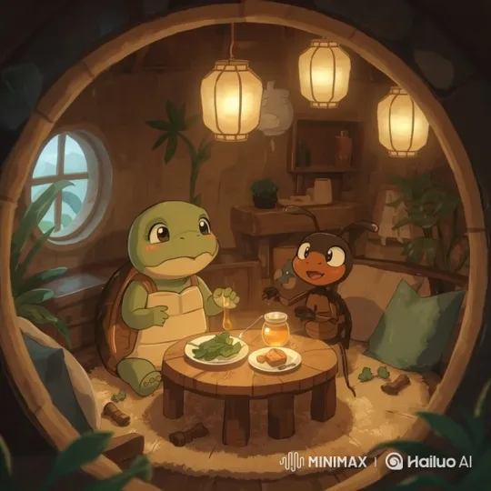Turtle and Ant Share a Cozy Meal in a Lantern-Lit Room – AI Generated Video | Hailuo AI