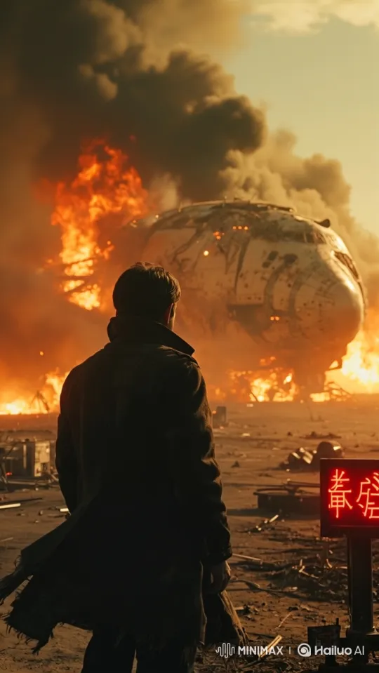 Dramatic Post-Catastrophe Scene with Man Amidst Burning Spacecraft Wreckage – AI Generated Video | Hailuo AI