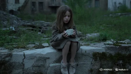 Young Girl Eats Concrete on Decaying Wall – AI Generated Video | Hailuo AI