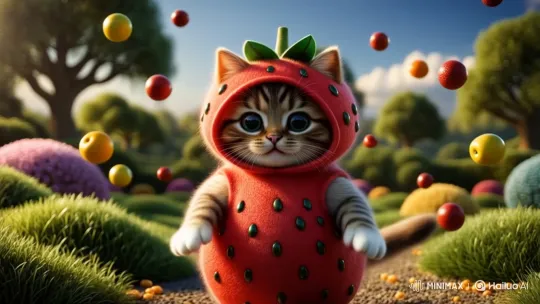 Fluffy Kitten in Strawberry Costume in Sunny Garden – AI Generated Video | Hailuo AI
