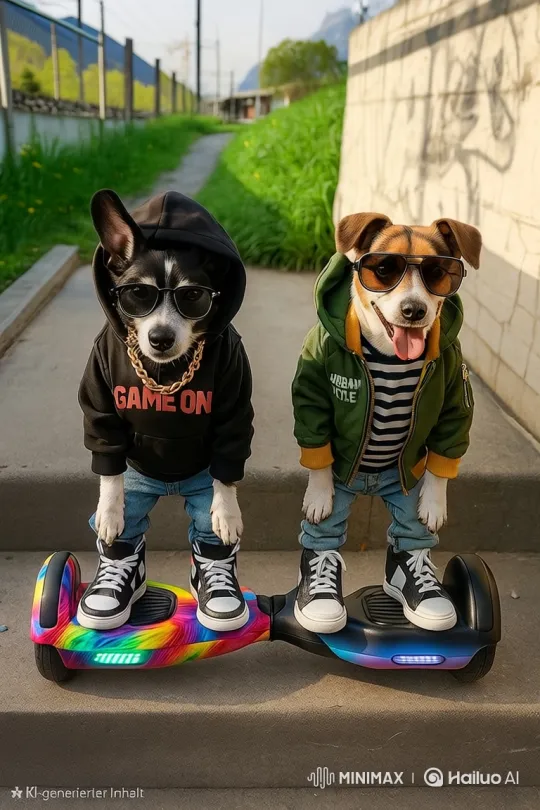 Stylish Dogs Ride Hoverboard on Mountain Path – AI Generated Video | Hailuo AI