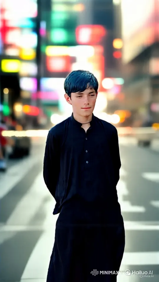 Contemplative Young Man Amidst Blurry City Lights – AI Generated Video | Hailuo AI