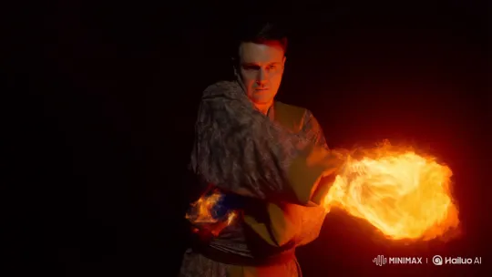 Japanese Man Conjures Dynamic Fire Stream in Dark Background – AI Generated Video | Hailuo AI
