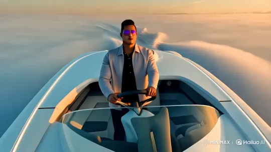 Modern Man Sails Through Clouds on Luxurious Speedboat – AI Generated Video | Hailuo AI
