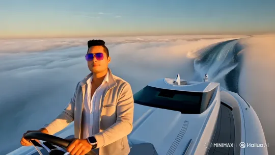 Modern Man Steers Luxurious Speedboat Through Clouds – AI Generated Video | Hailuo AI