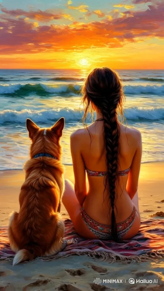 Young Woman and Dog Enjoy Beach Run at Sunset – AI Generated Video | Hailuo AI