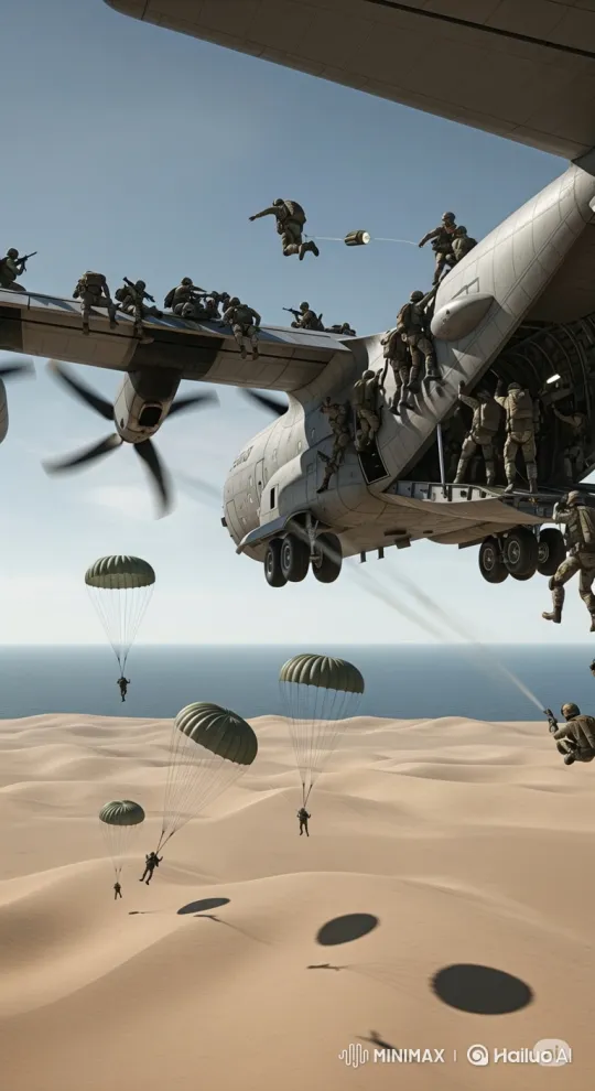 Military Paratroopers Conduct Desert Paradrop Operation – AI Generated Video | Hailuo AI