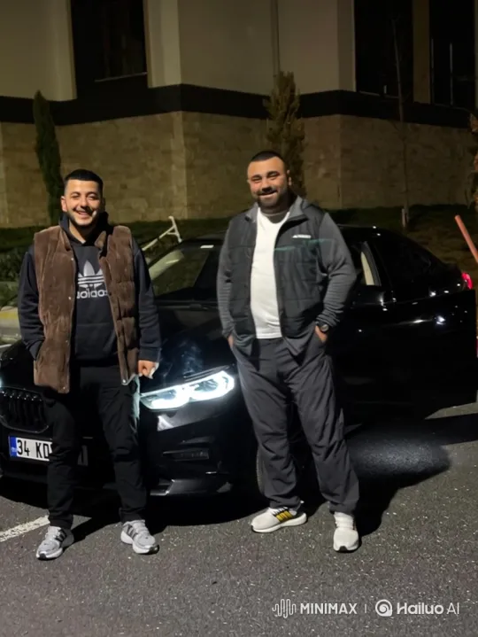 Two Men Share Warm Embrace in Front of Car – AI Generated Video | Hailuo AI