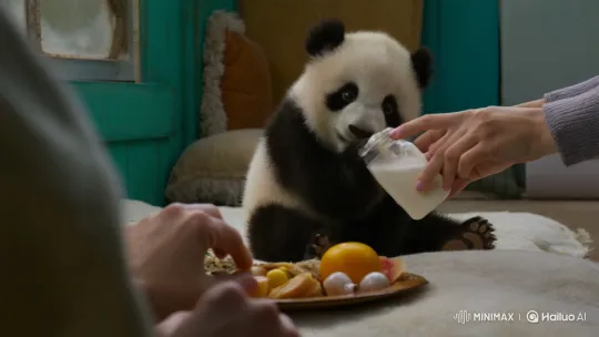 Human Carefully Feeds Baby Panda with Bottle and Snacks – AI Generated Video | Hailuo AI